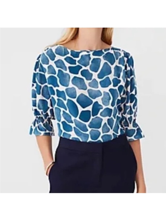 Ann Taylor Tops - ANN TAYLOR Blue White Giraffe Print 3/4 Ruffle Sleeve Blouse Women’s Medium NWT